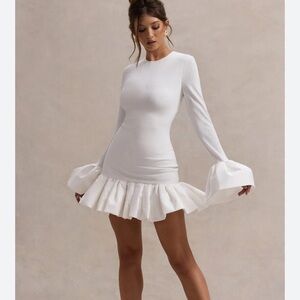 White Long-Sleeve Ruffle-Hem Mini Dress with Statement Cuffs